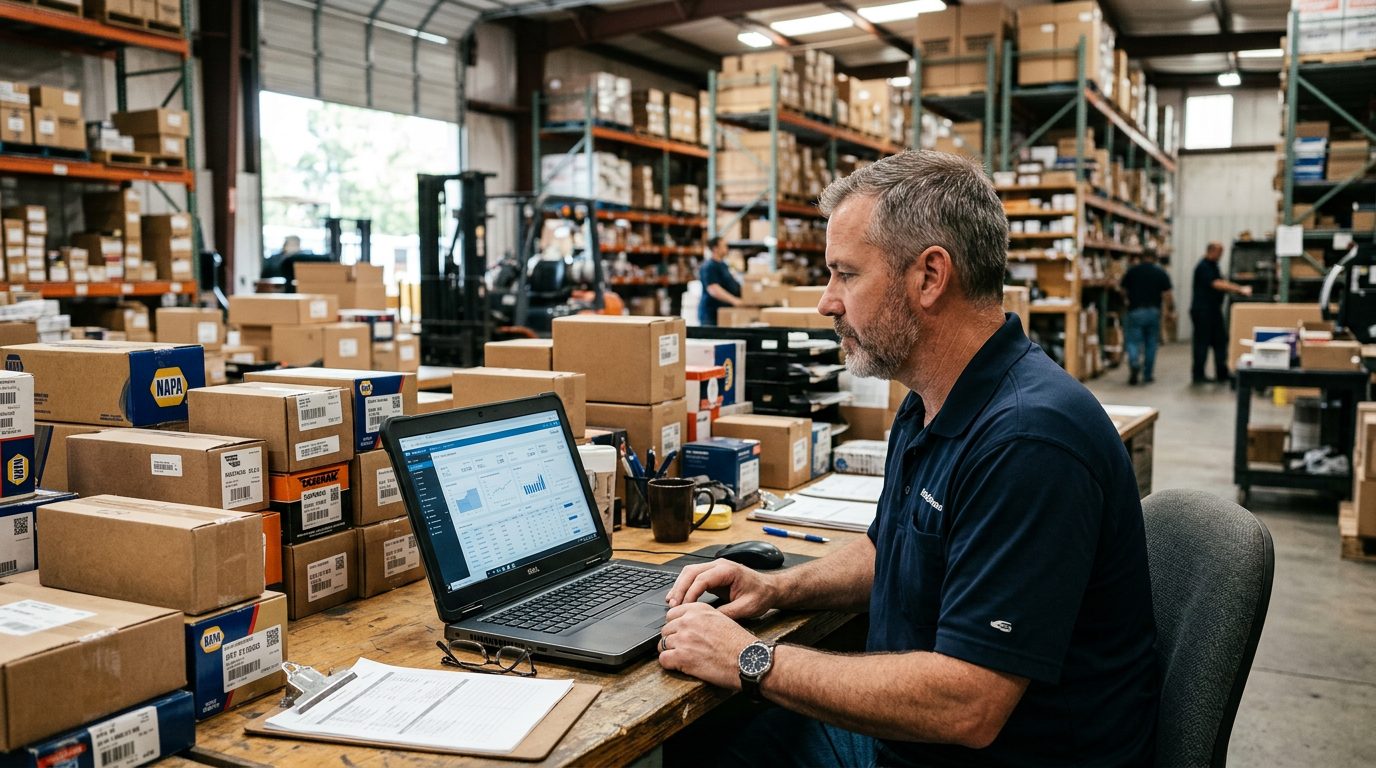 Reseller reviewing competitor pricing dashboard on a laptop in a parts warehouse